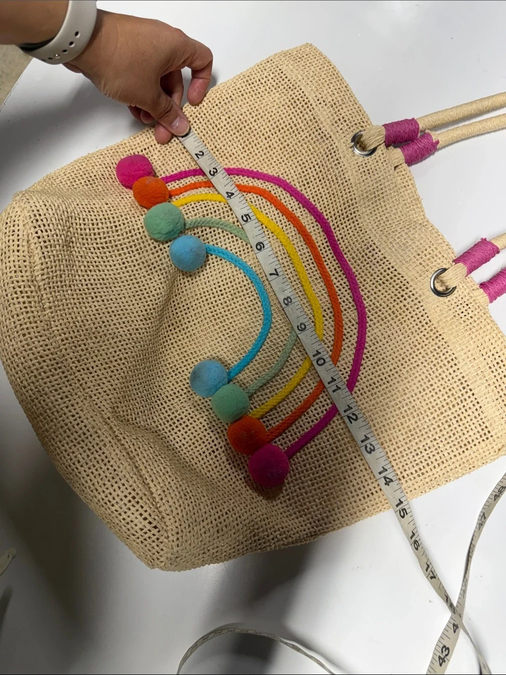 Capelli of New York Cream Straw Tote with Rainbow Embroidery and Pom-Poms